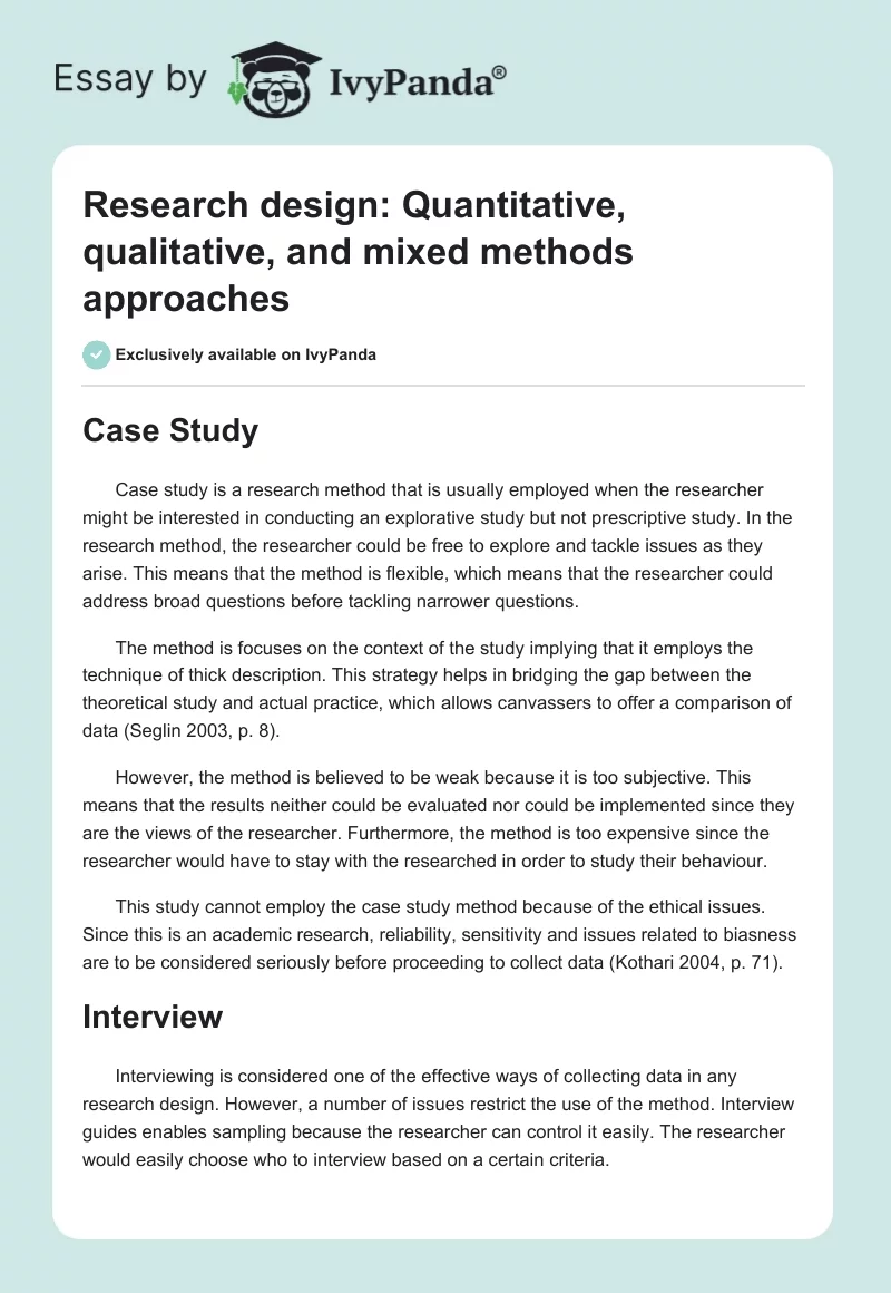 Research design: Quantitative, qualitative, and mixed methods approaches. Page 1