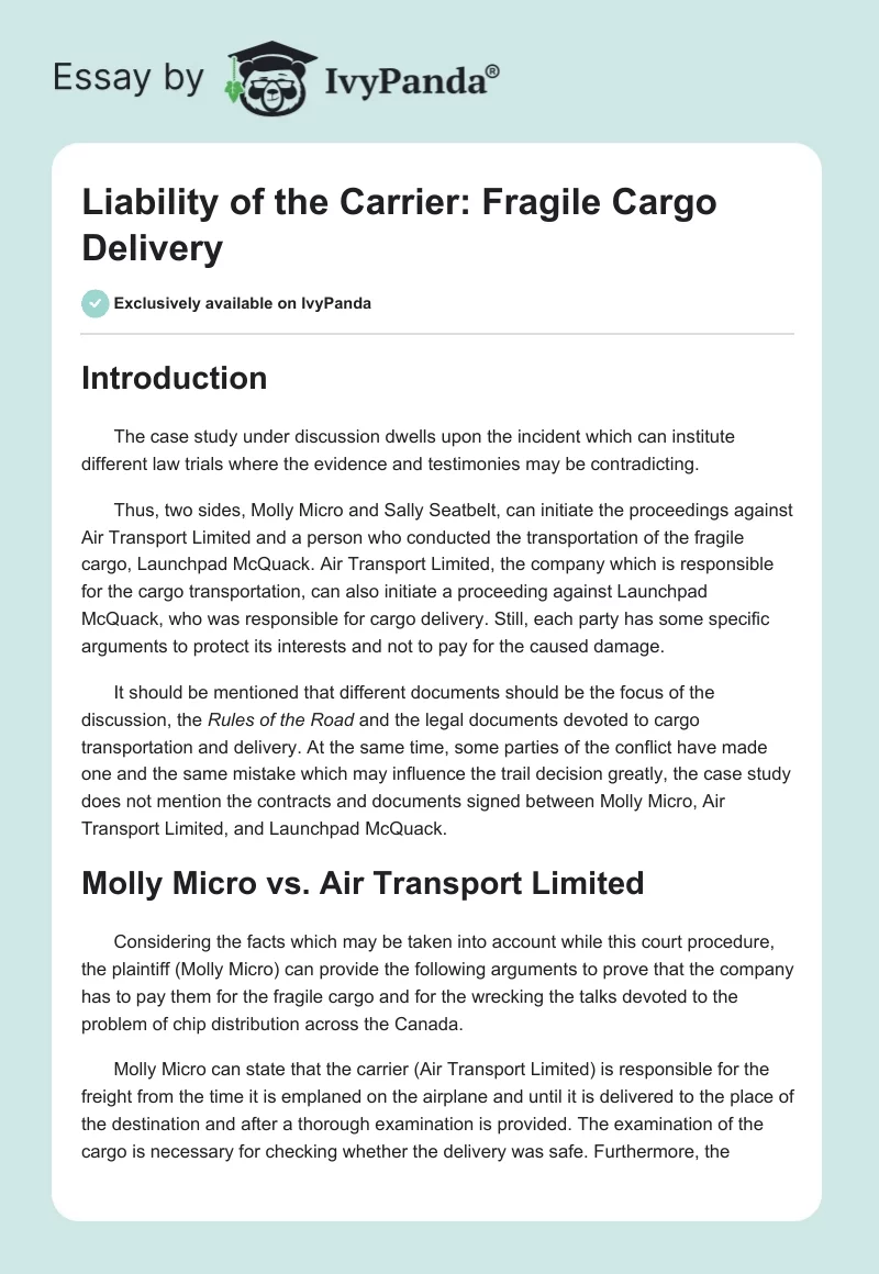Liability of the Carrier: Fragile Cargo Delivery. Page 1