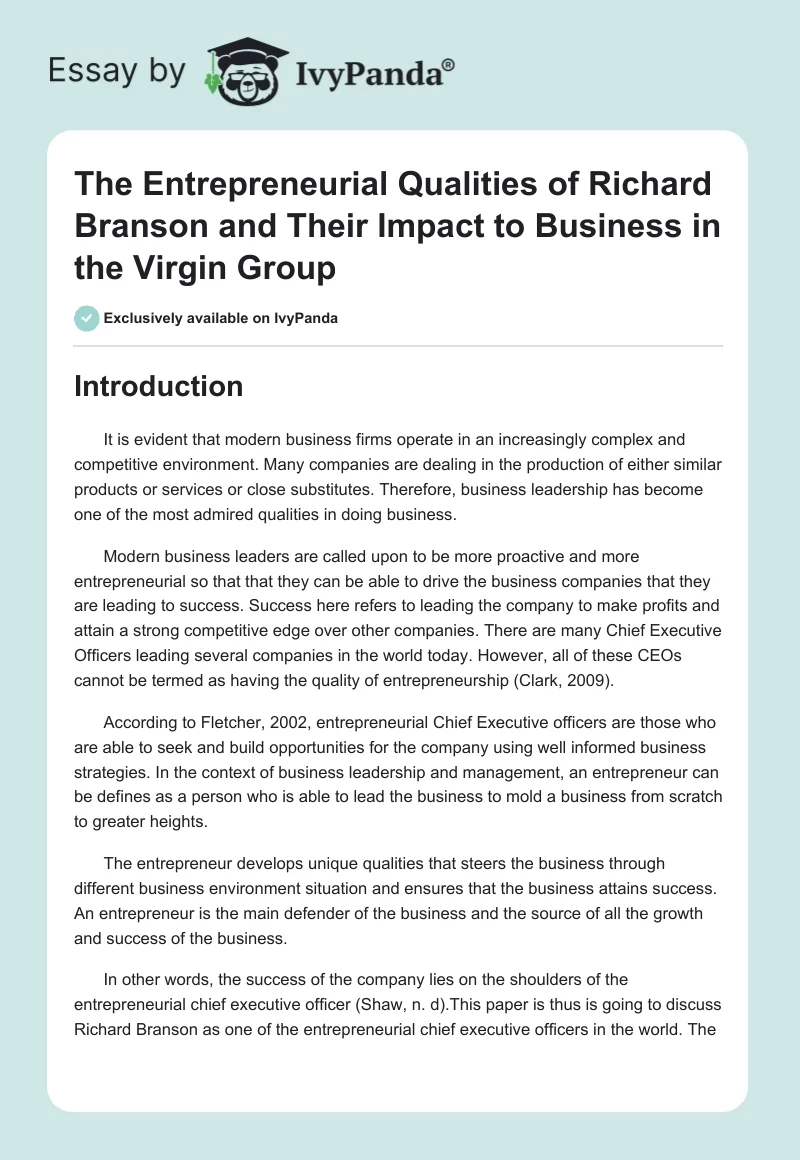 The Entrepreneurial Qualities of Richard Branson and Their Impact to Business in the Virgin Group. Page 1