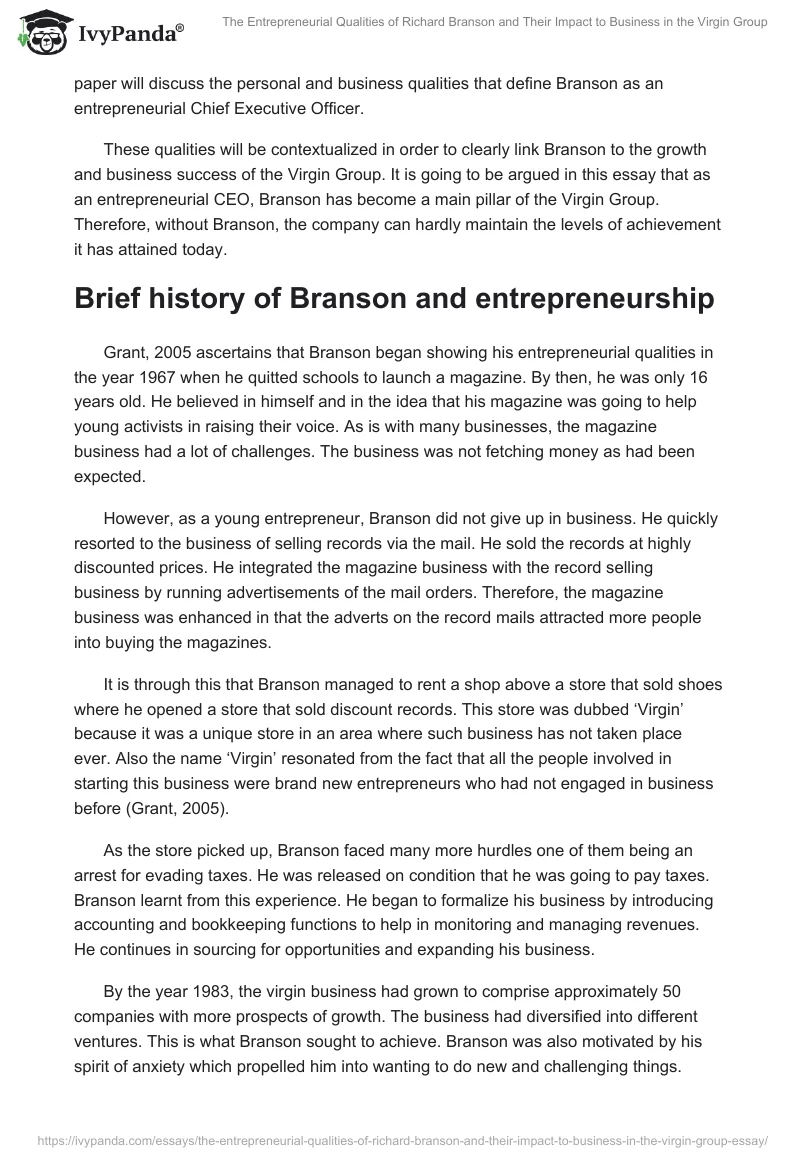 The Entrepreneurial Qualities of Richard Branson and Their Impact to Business in the Virgin Group. Page 2