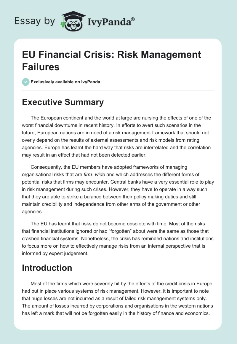 EU Financial Crisis: Risk Management Failures. Page 1