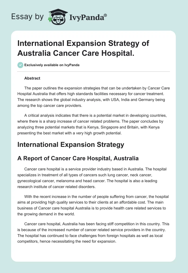 International Expansion Strategy of Australia Cancer Care Hospital.. Page 1