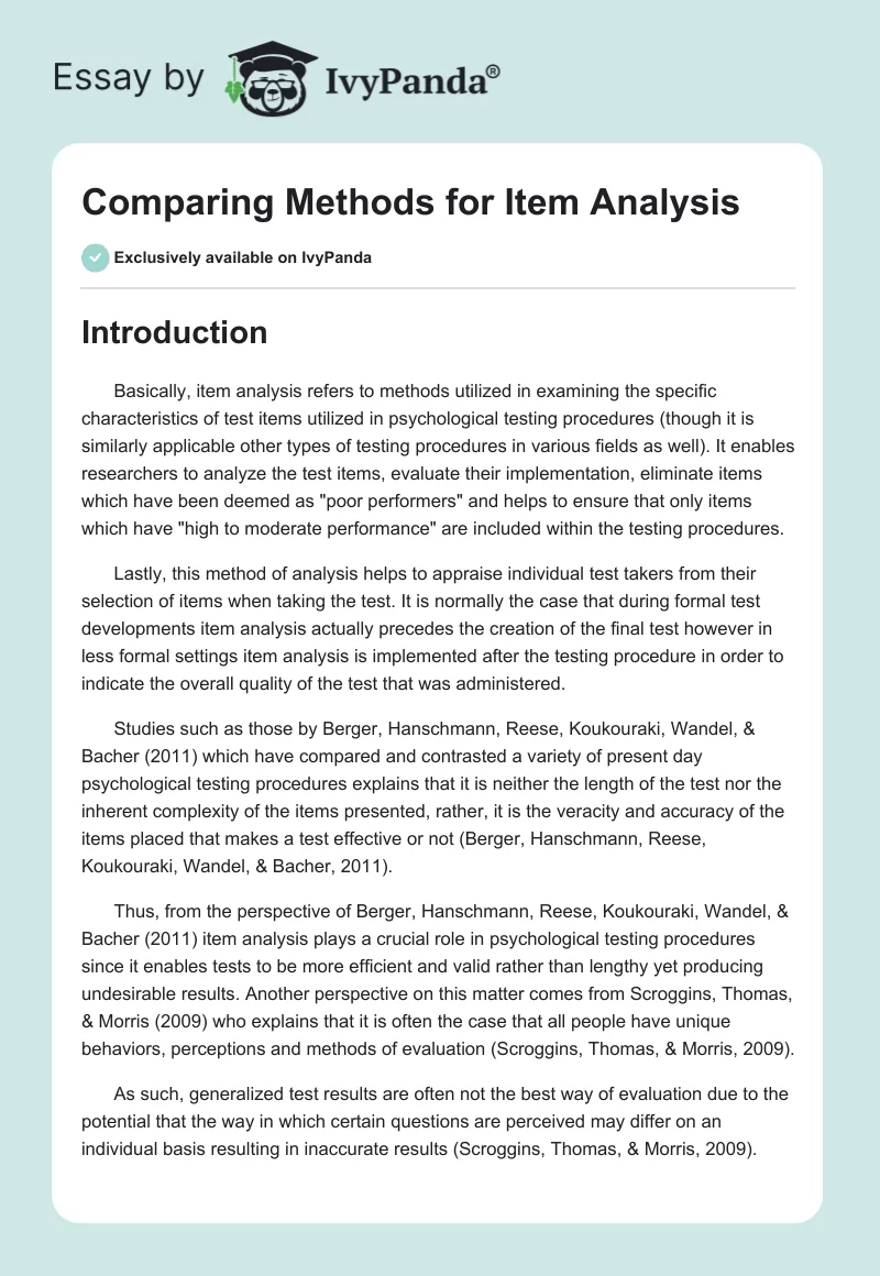 Comparing Methods for Item Analysis. Page 1