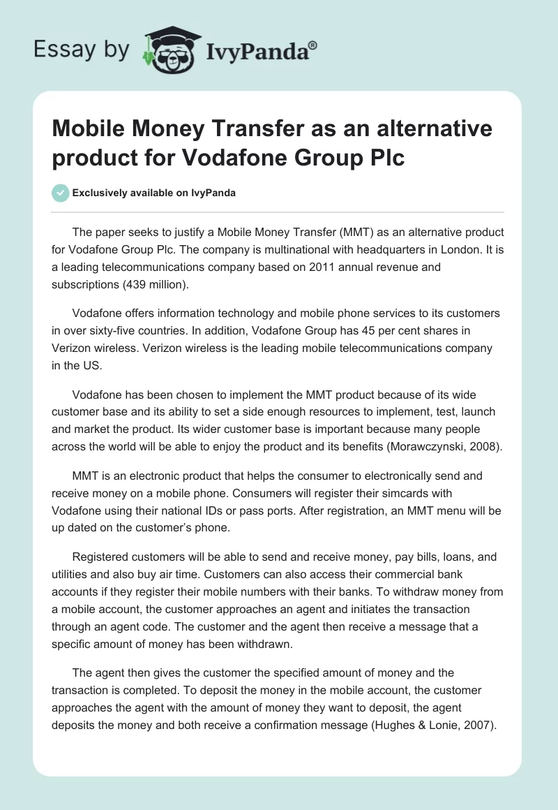 Mobile Money Transfer as an Alternative Product for Vodafone Group Plc. Page 1