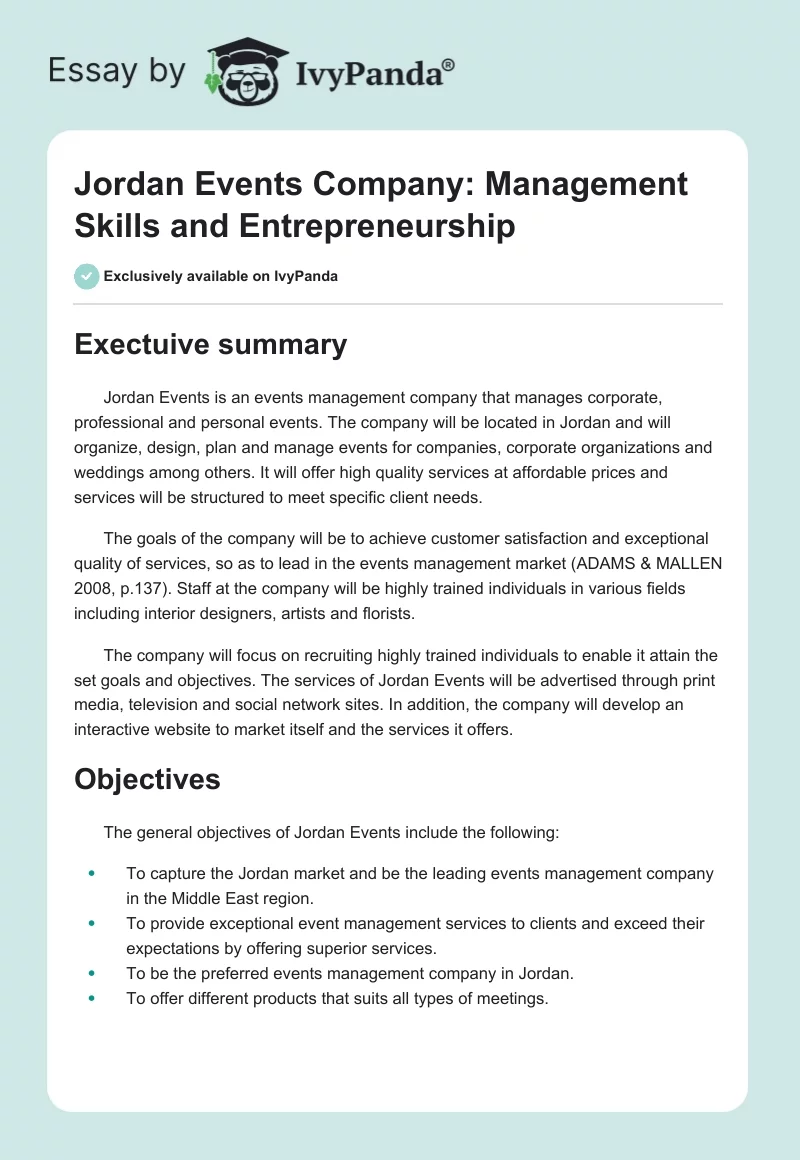 Jordan Events Company: Management Skills and Entrepreneurship. Page 1