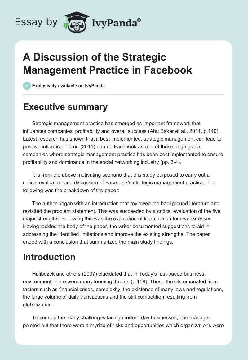 A Discussion of the Strategic Management Practice in Facebook. Page 1