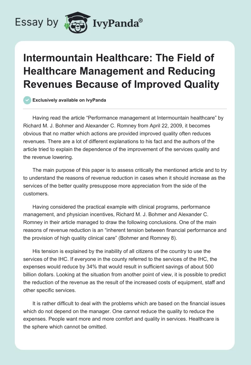 Intermountain Healthcare: The Field of Healthcare Management and Reducing Revenues Because of Improved Quality. Page 1