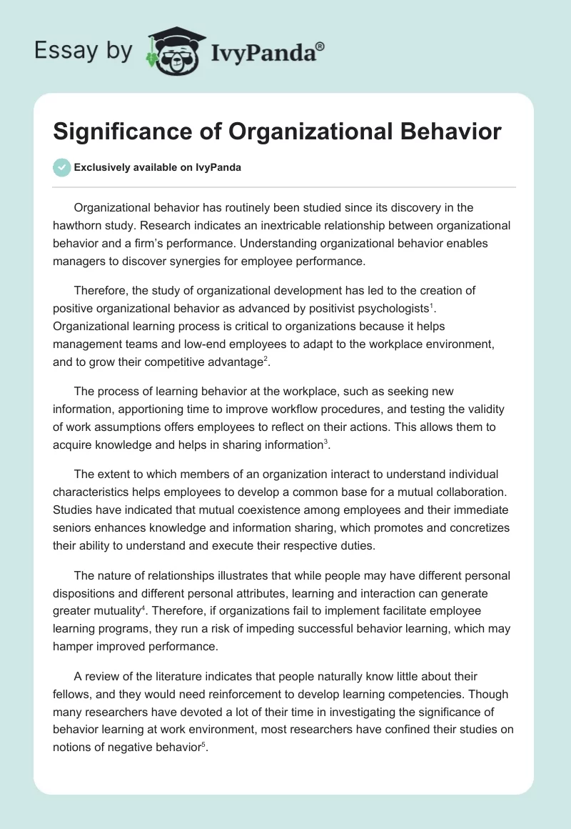 Significance of Organizational Behavior. Page 1