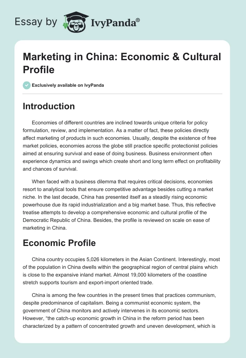 Marketing in China: Economic & Cultural Profile. Page 1