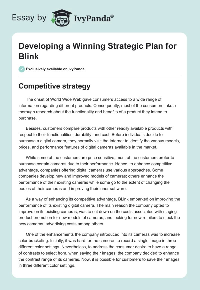 Developing a Winning Strategic Plan for Blink. Page 1