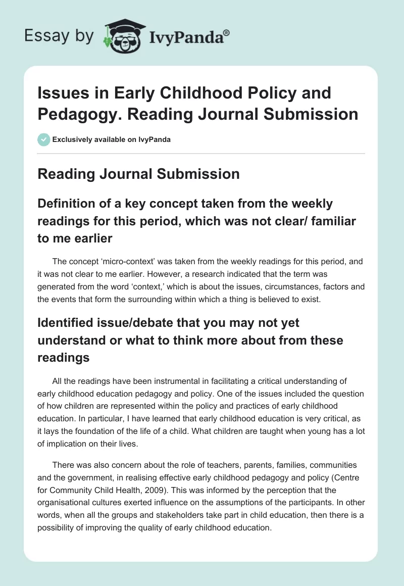 Issues in Early Childhood Policy and Pedagogy. Reading Journal Submission. Page 1