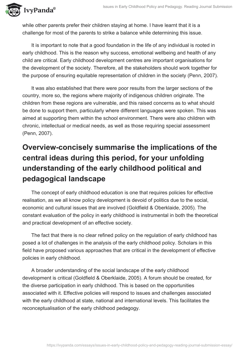 Issues in Early Childhood Policy and Pedagogy. Reading Journal Submission. Page 3