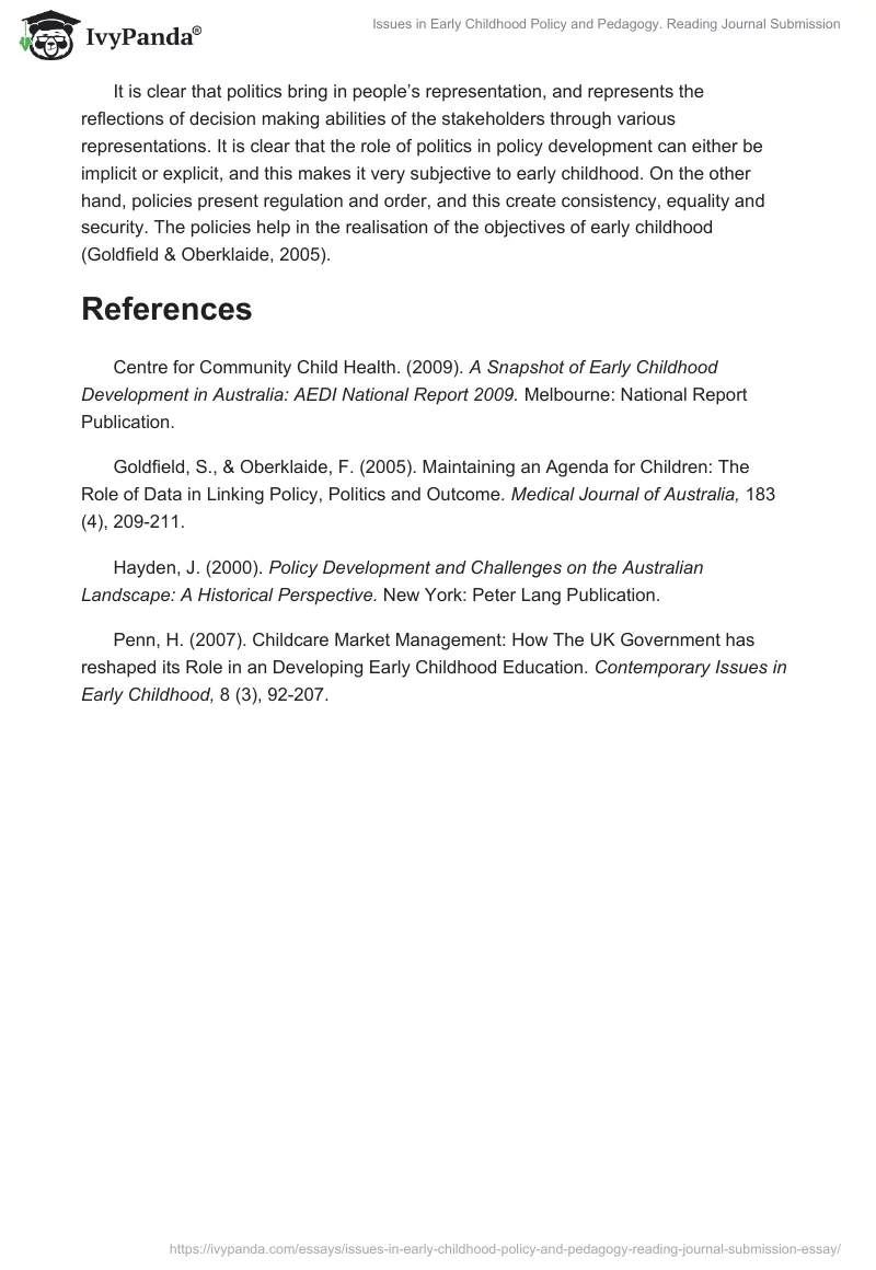 Issues in Early Childhood Policy and Pedagogy. Reading Journal Submission. Page 4