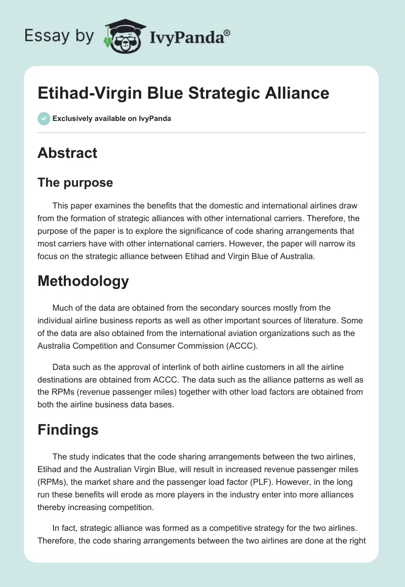 Etihad-Virgin Blue Strategic Alliance. Page 1