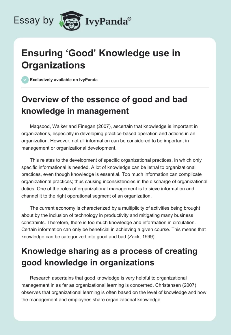 Ensuring ‘Good’ Knowledge use in Organizations. Page 1