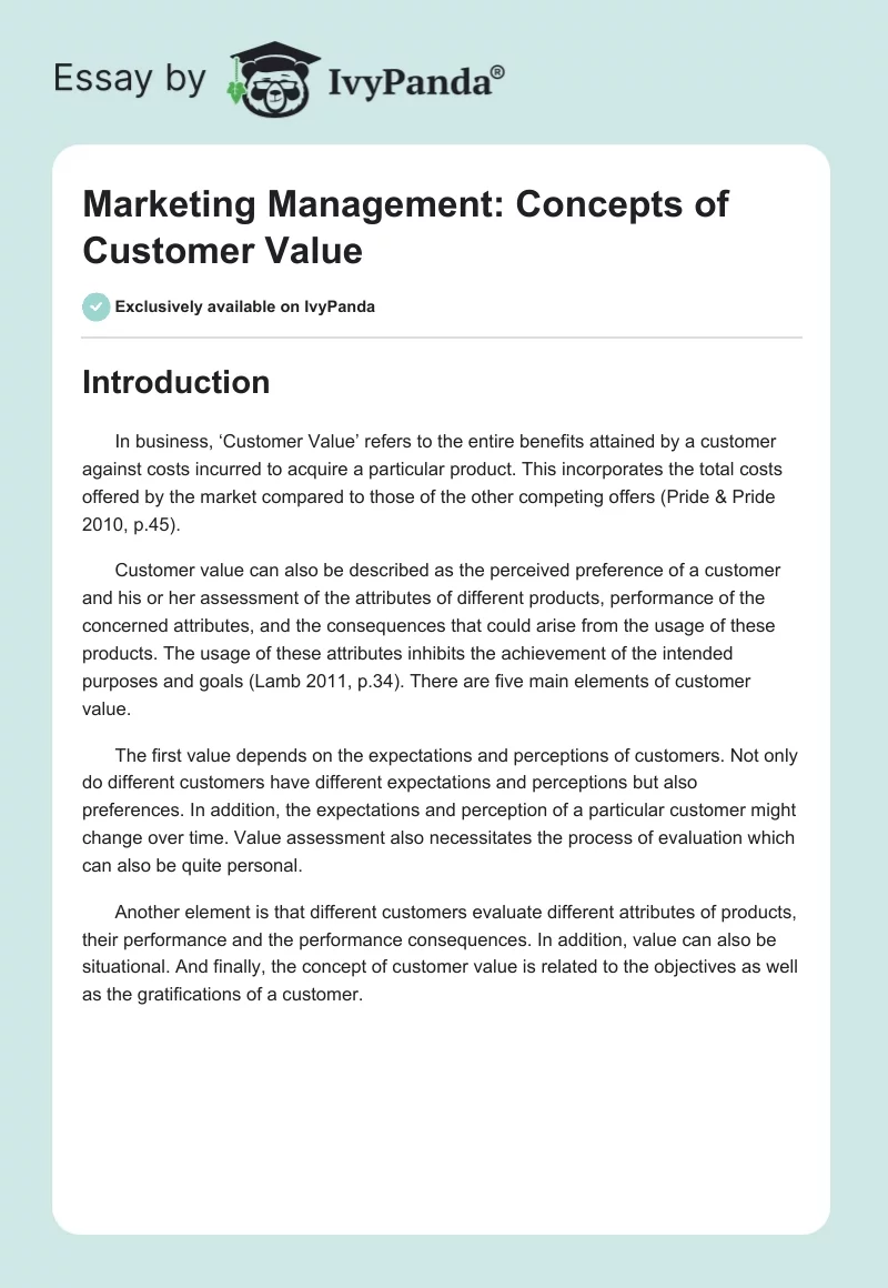 Marketing Management: Concepts of Customer Value. Page 1