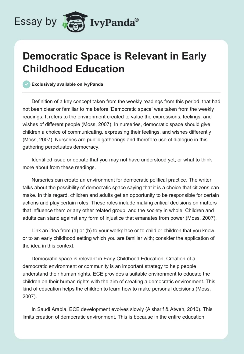 Democratic Space Is Relevant in Early Childhood Education. Page 1