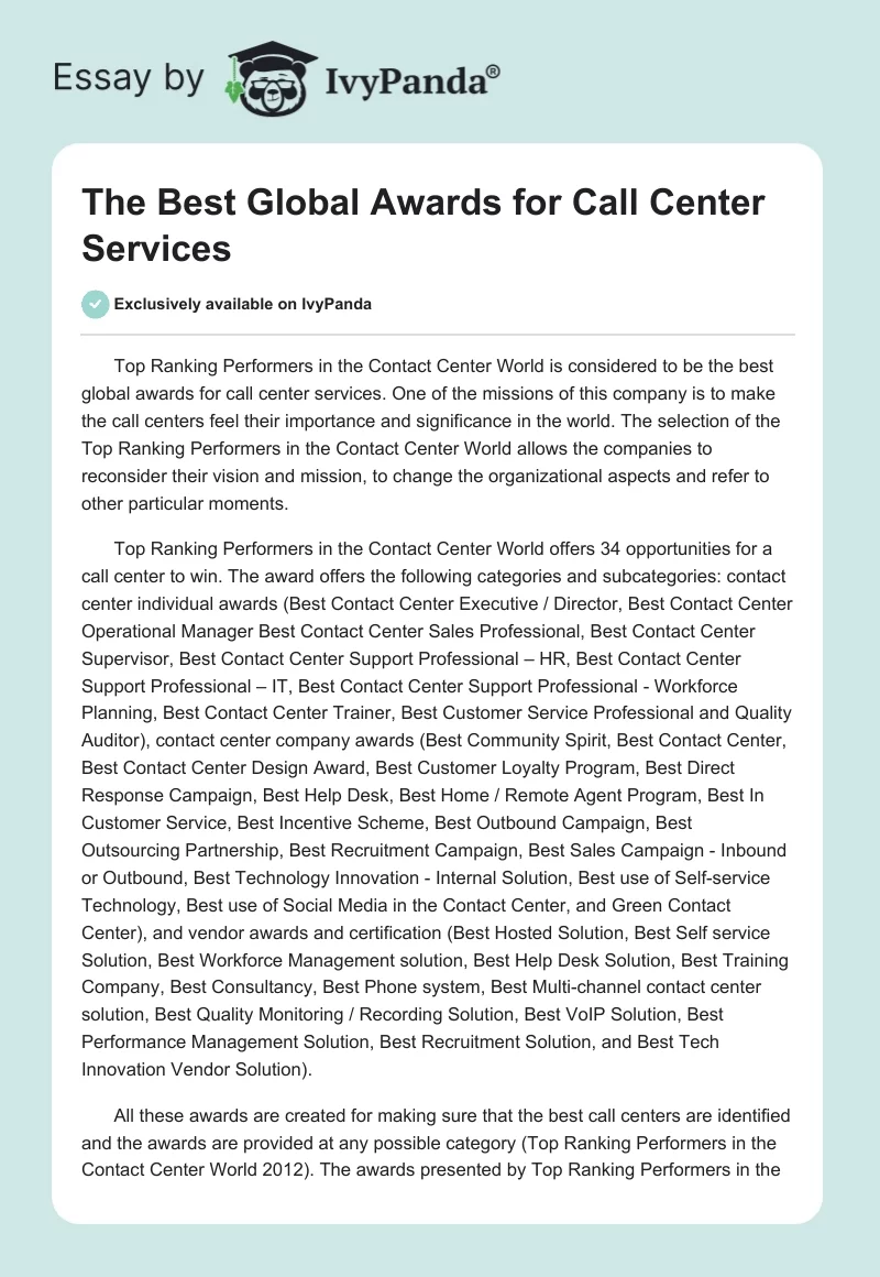 The Best Global Awards for Call Center Services. Page 1