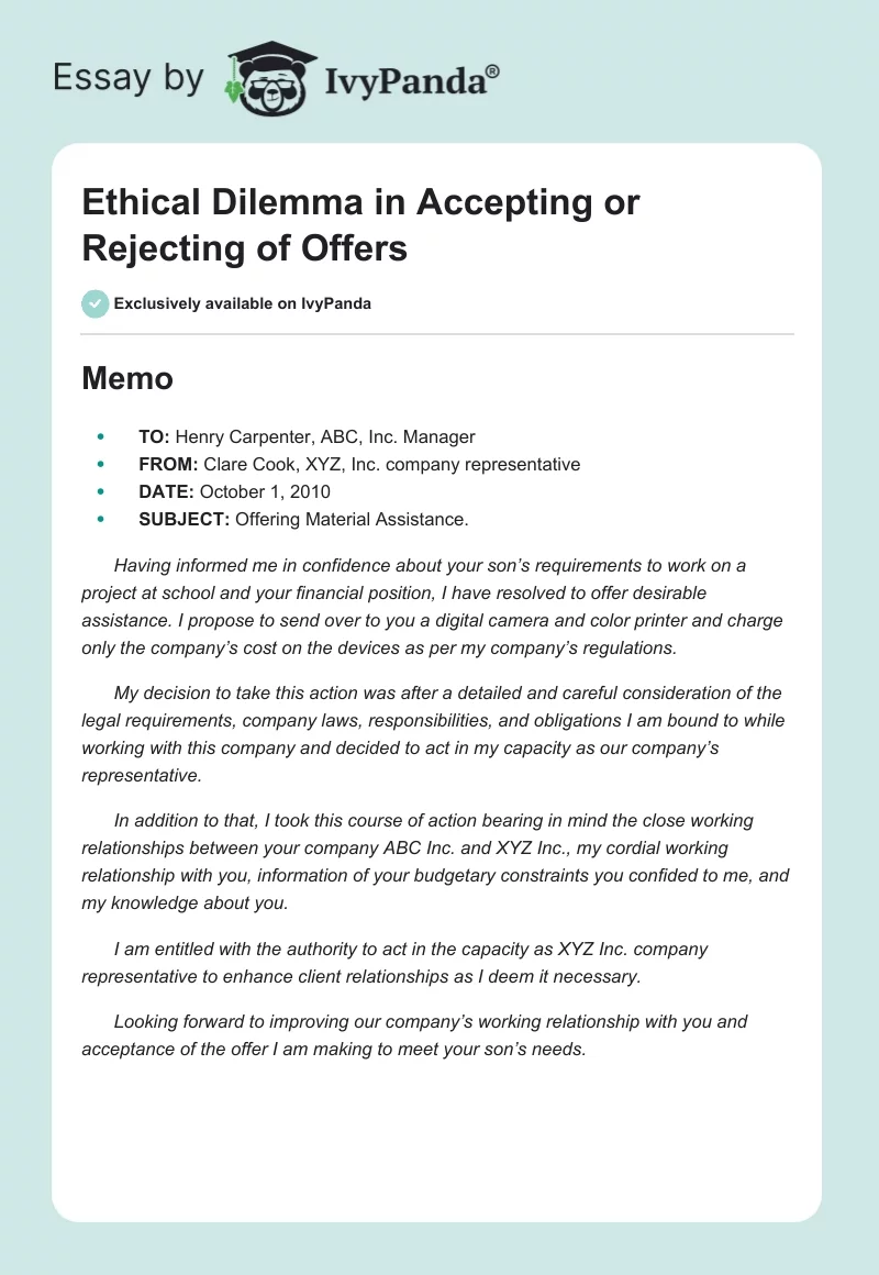 Ethical Dilemma in Accepting or Rejecting of Offers. Page 1