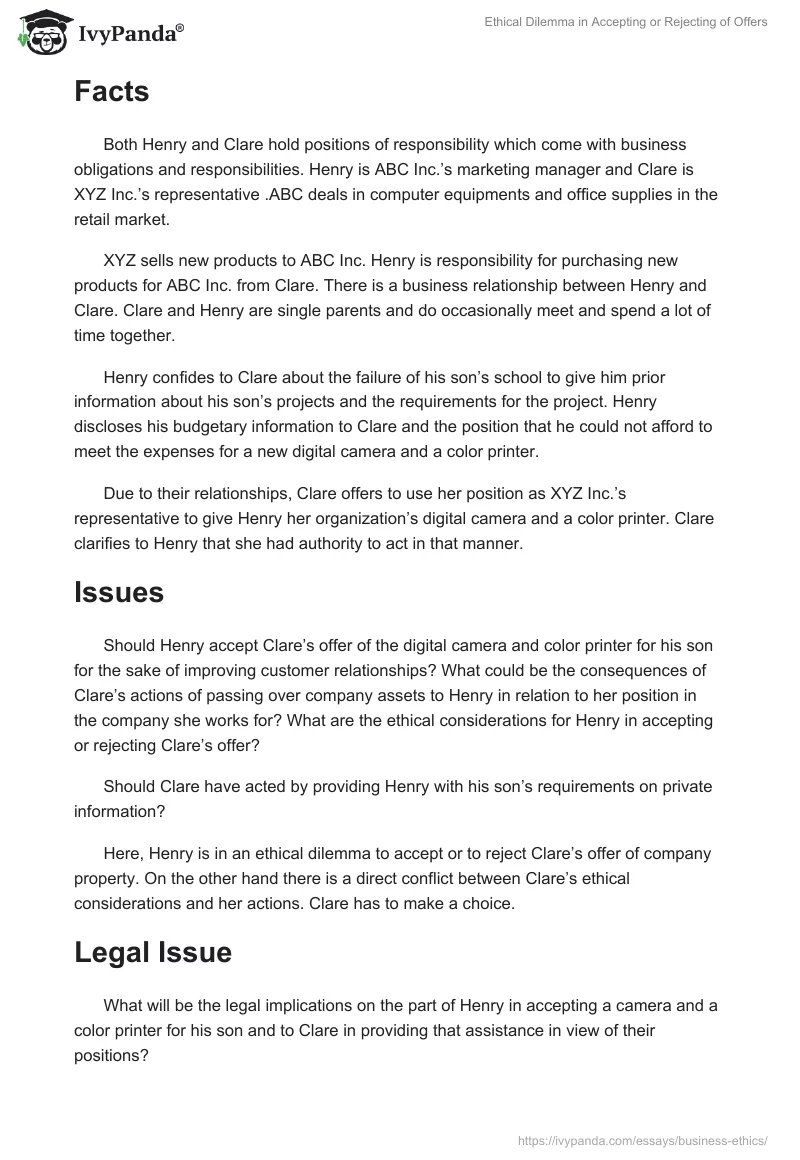 Ethical Dilemma in Accepting or Rejecting of Offers. Page 2