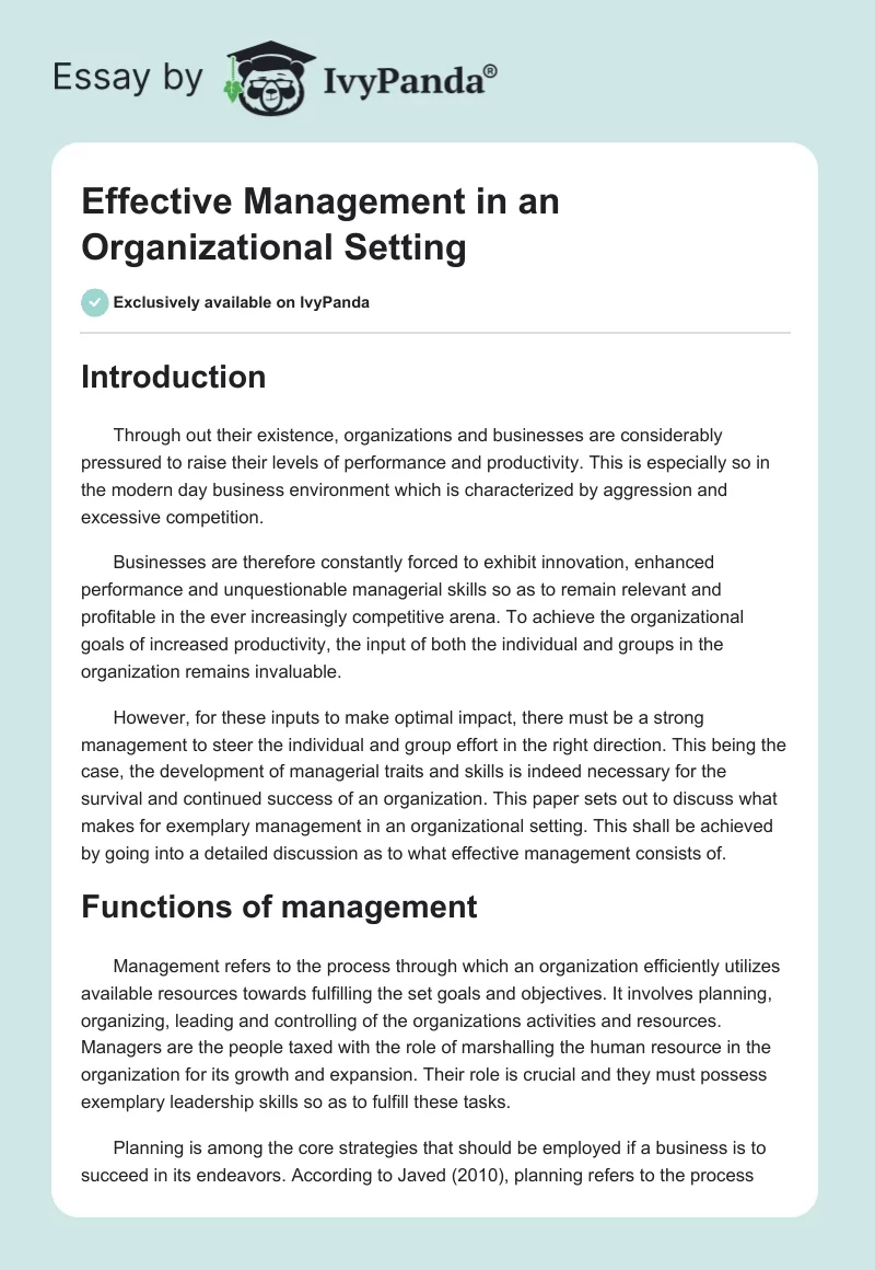 Effective Management in an Organizational Setting. Page 1