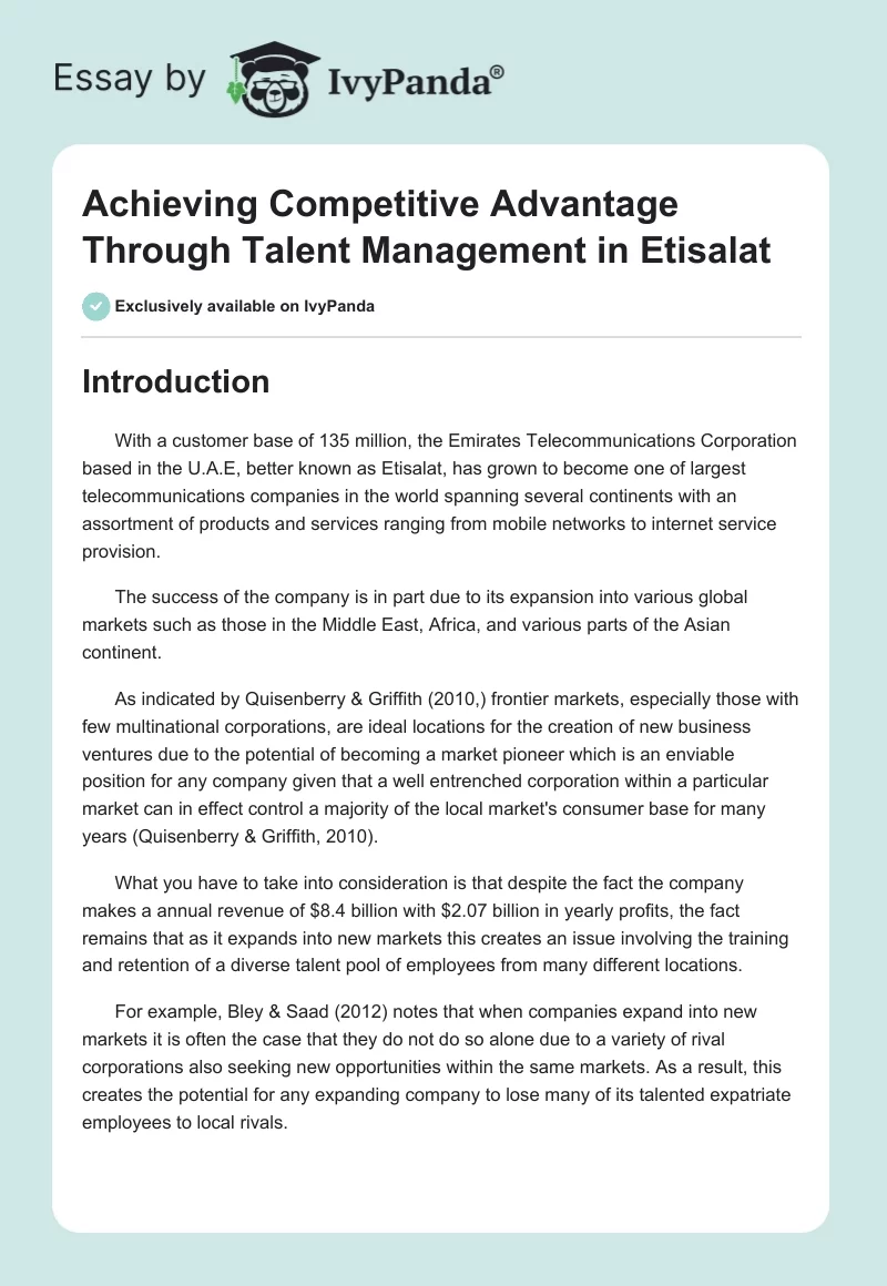 Achieving Competitive Advantage Through Talent Management in Etisalat. Page 1