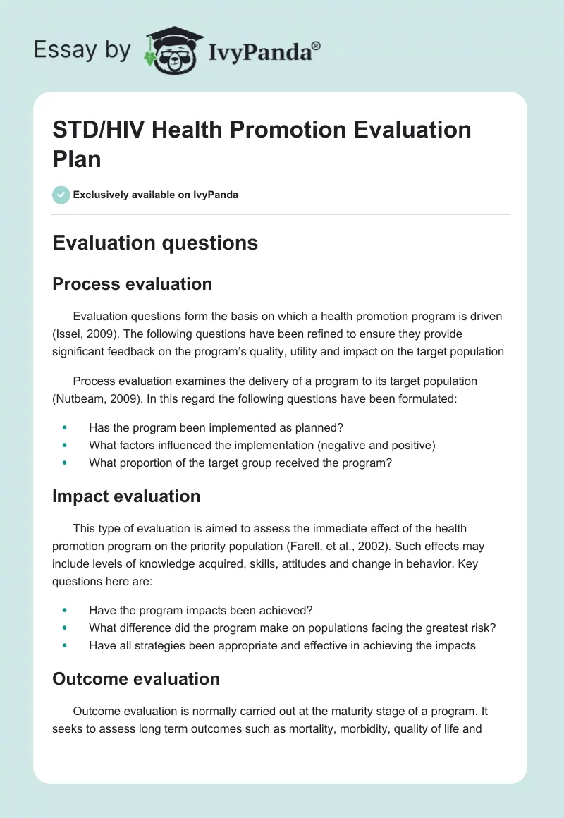 STD/HIV Health Promotion Evaluation Plan. Page 1