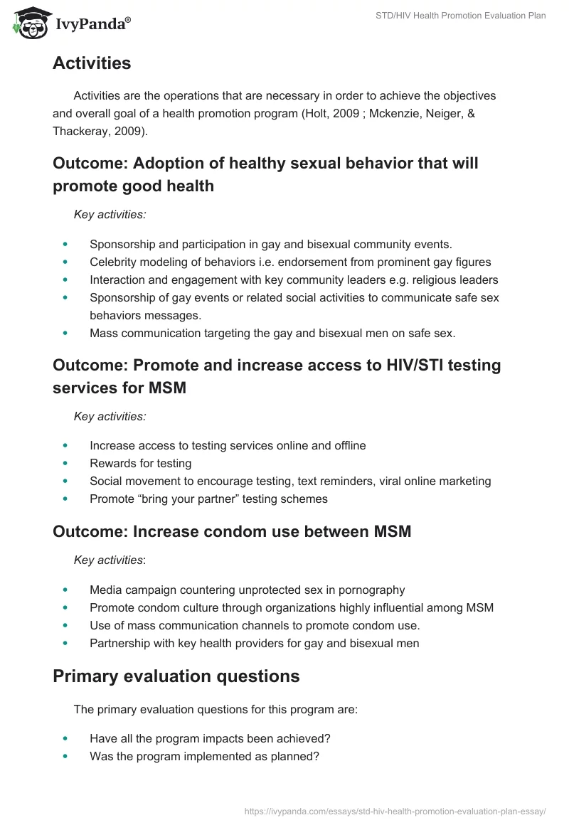 STD/HIV Health Promotion Evaluation Plan. Page 3