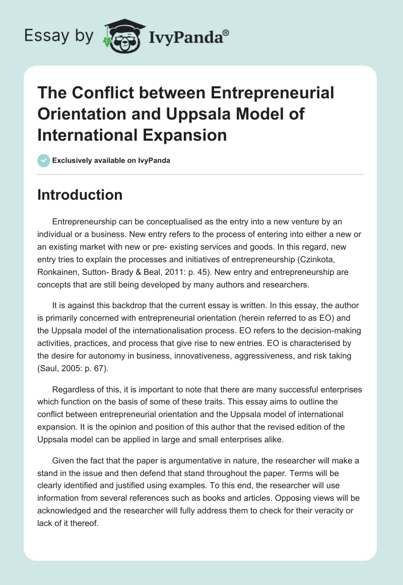 The Conflict Between Entrepreneurial Orientation and Uppsala Model of International Expansion. Page 1