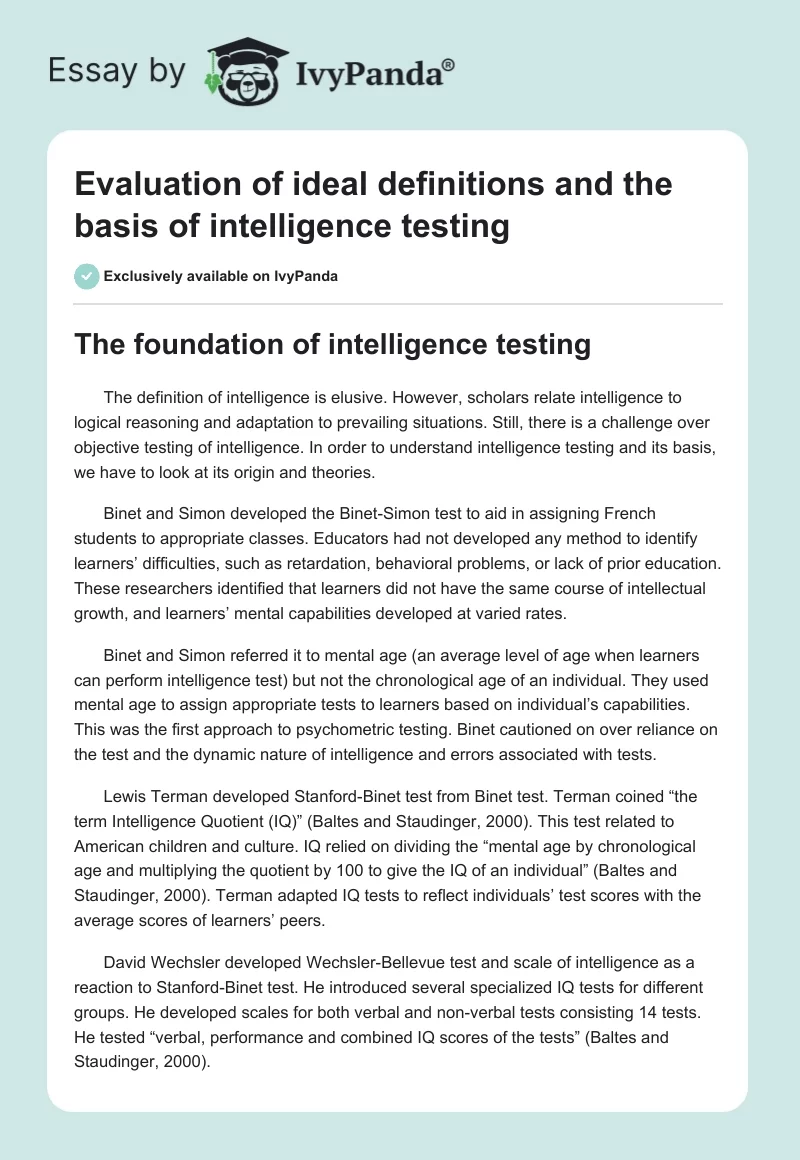 Evaluation of Ideal Definitions and the Basis of Intelligence Testing. Page 1