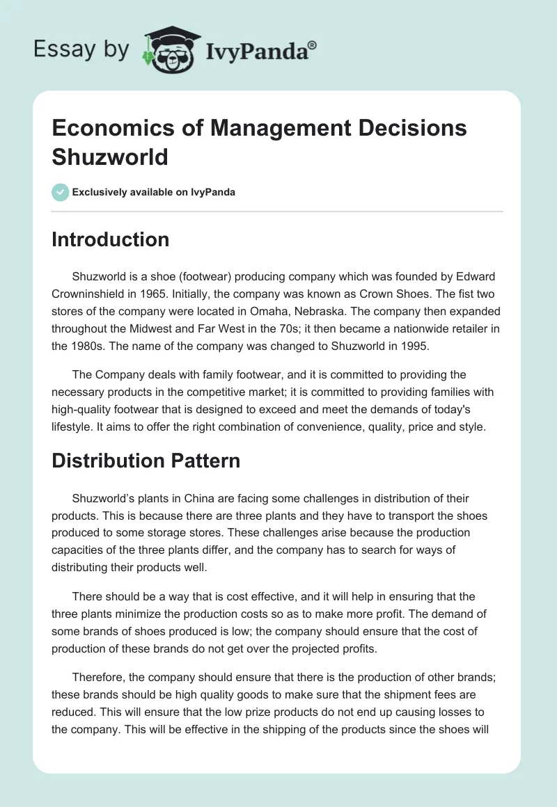 Economics of Management Decisions Shuzworld. Page 1