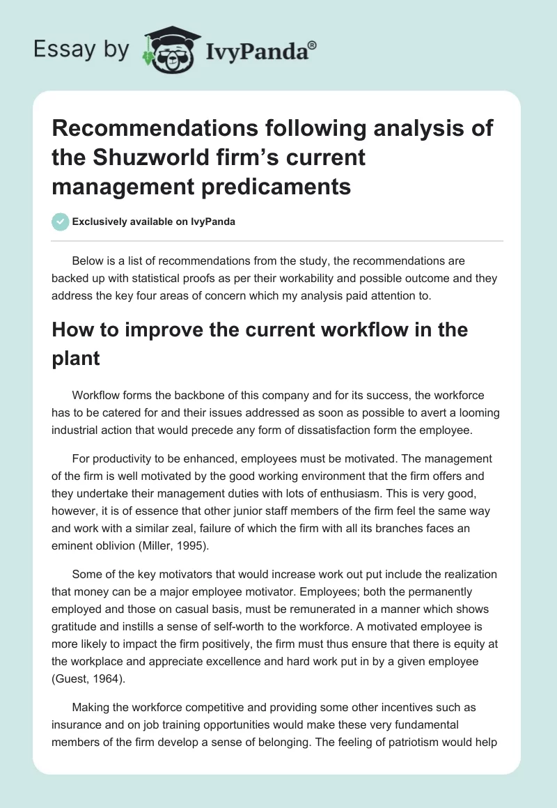 Recommendations following analysis of the Shuzworld firm’s current management predicaments. Page 1