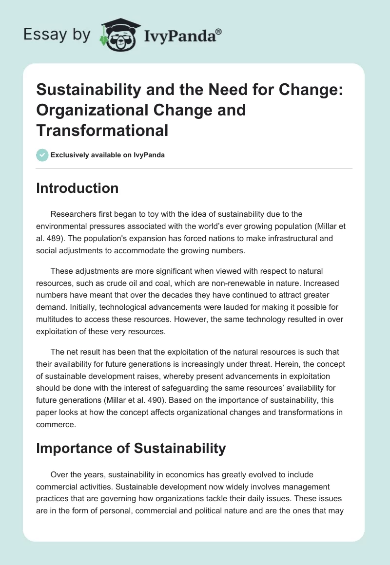 Sustainability and the Need for Change: Organizational Change and Transformational. Page 1