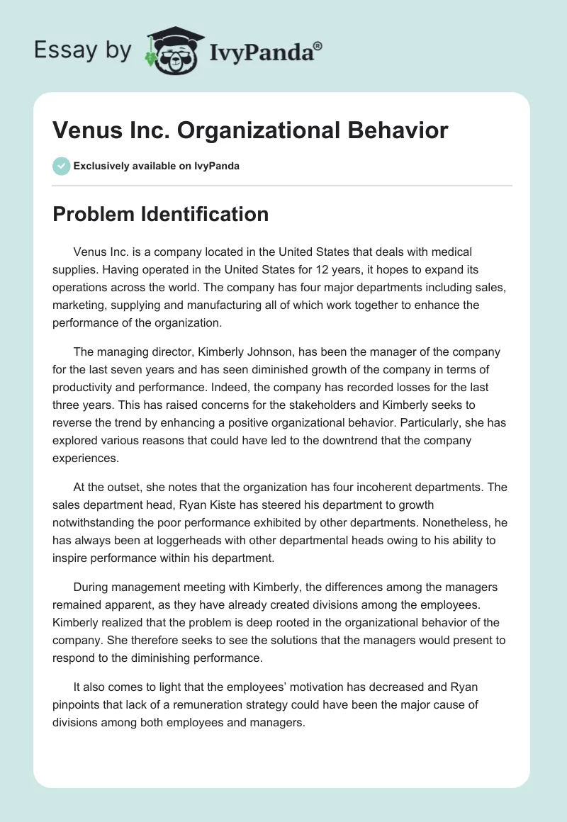 Venus Inc. Organizational Behavior. Page 1