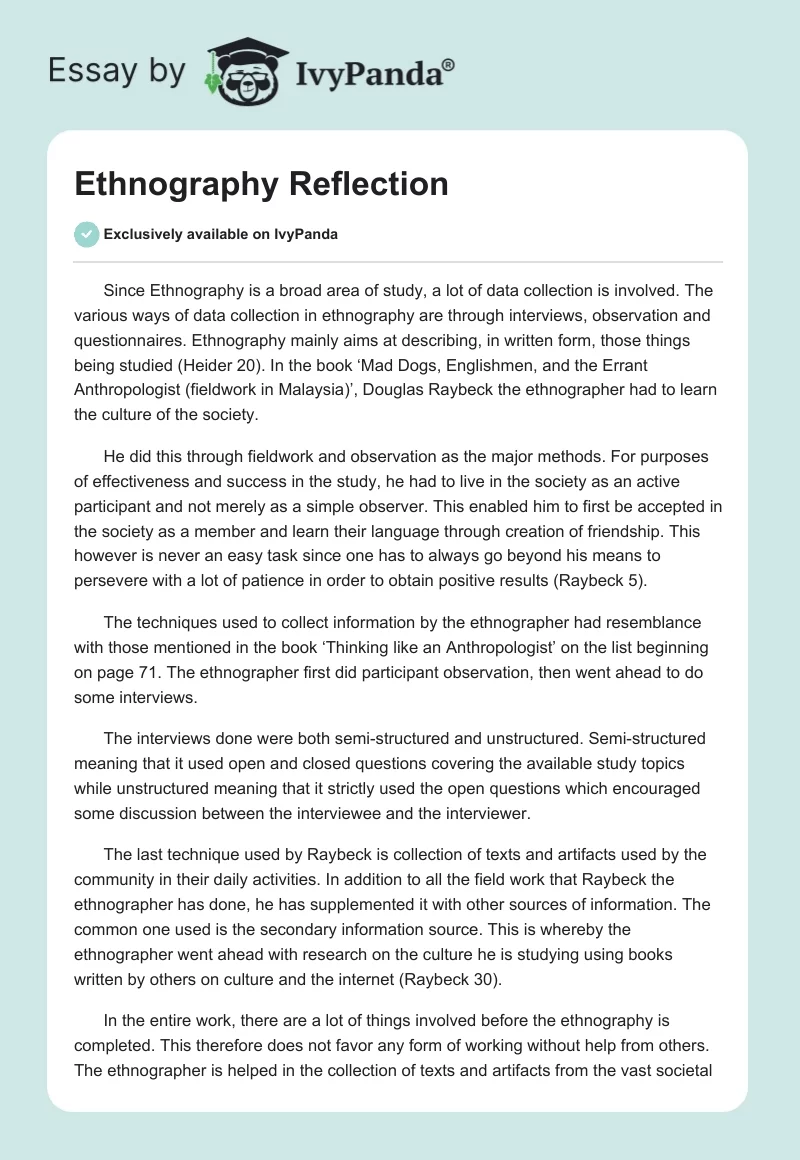Ethnography Reflection. Page 1