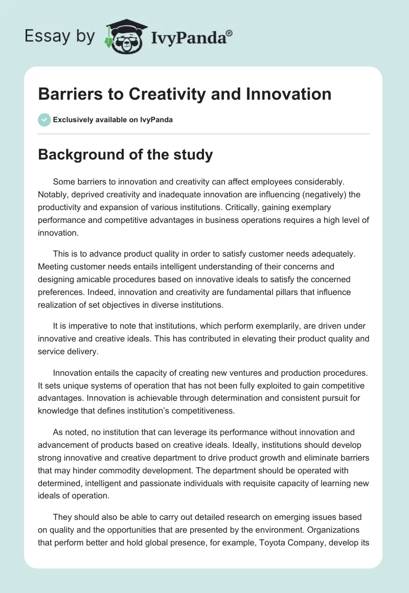 Barriers to Creativity and Innovation. Page 1