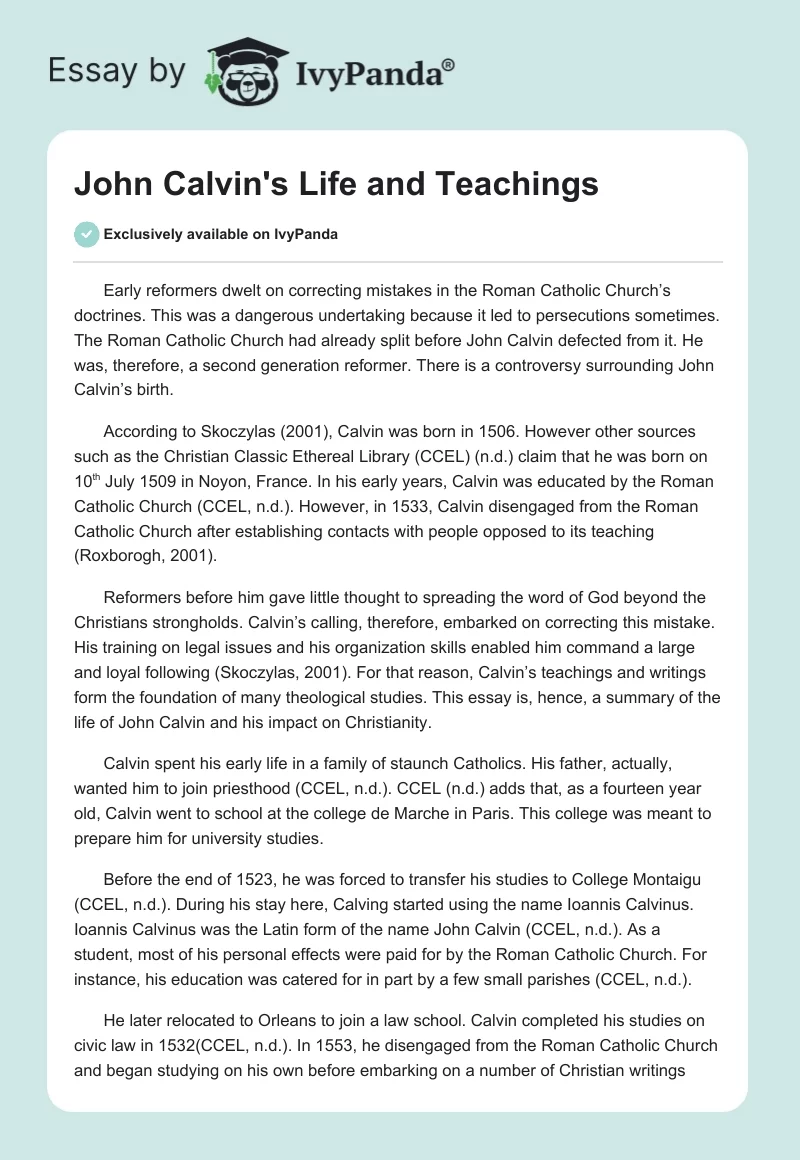 John Calvin's Life and Teachings. Page 1