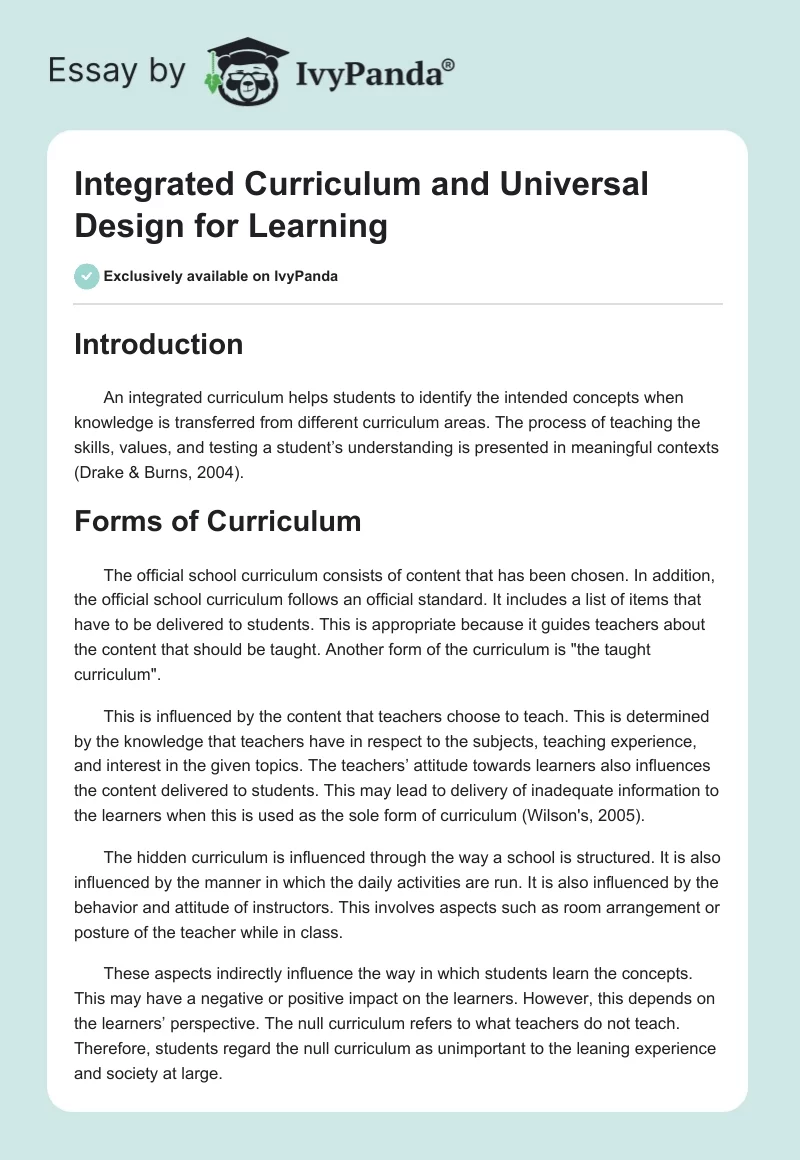 Integrated Curriculum and Universal Design for Learning. Page 1