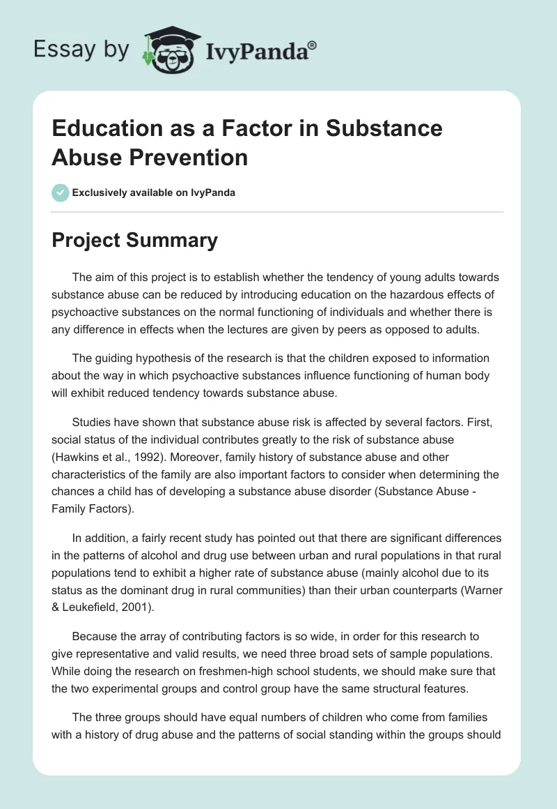 Education as a Factor in Substance Abuse Prevention. Page 1