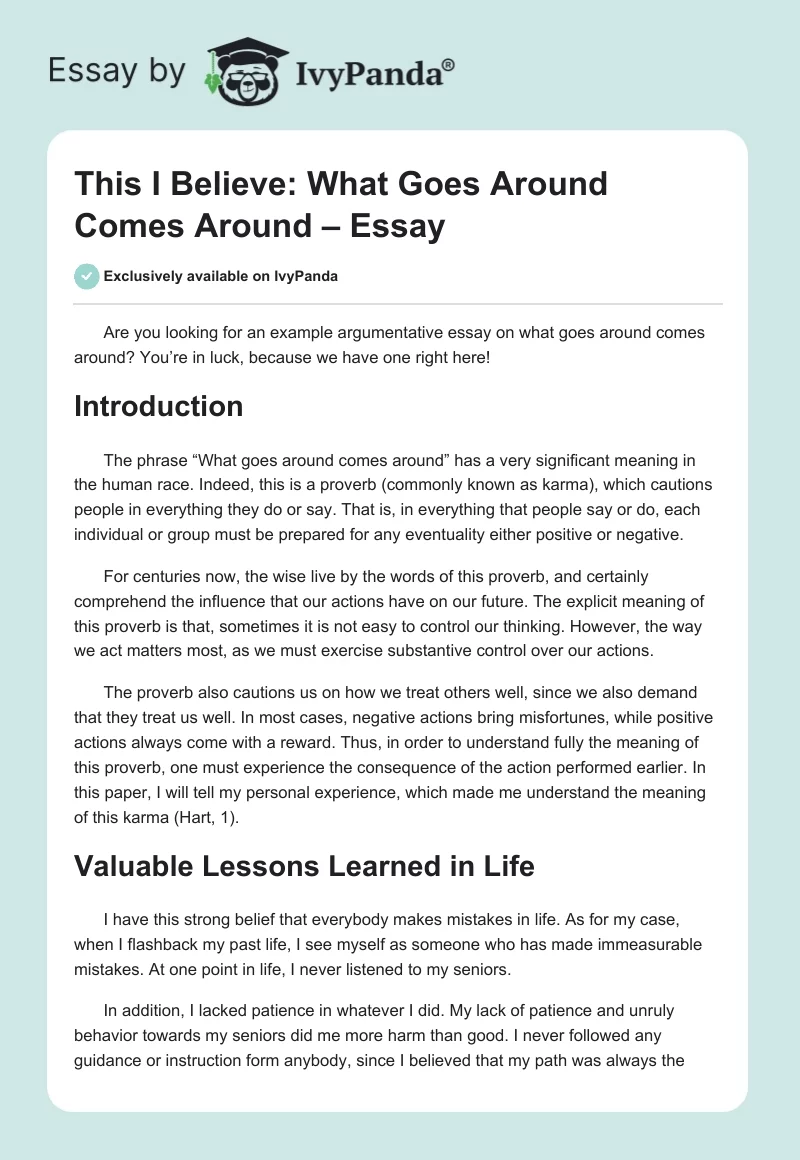 This I Believe: What Goes Around Comes Around – Essay. Page 1