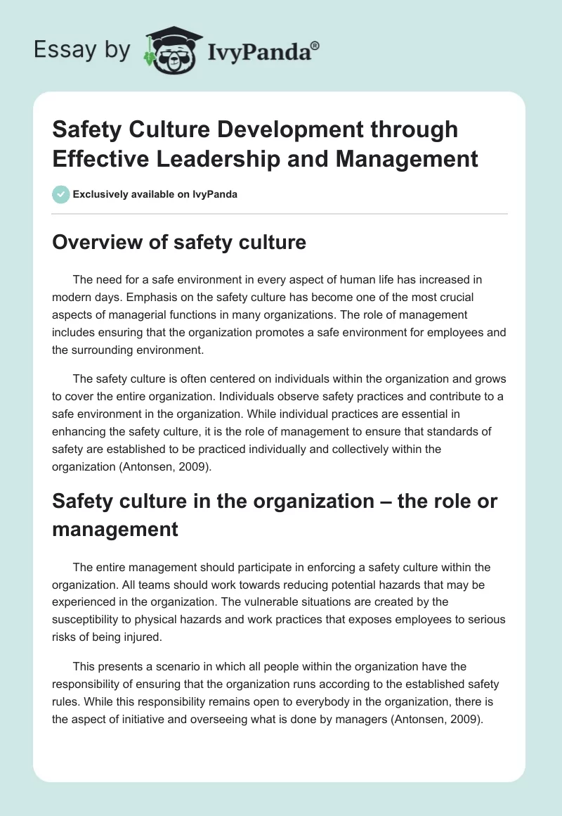 Safety Culture Development Through Effective Leadership and Management. Page 1