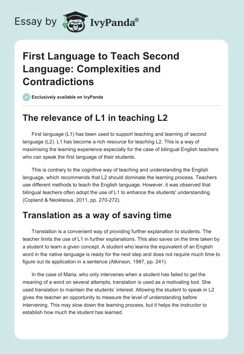 First Language to Teach Second Language: Complexities and Contradictions. Page 1