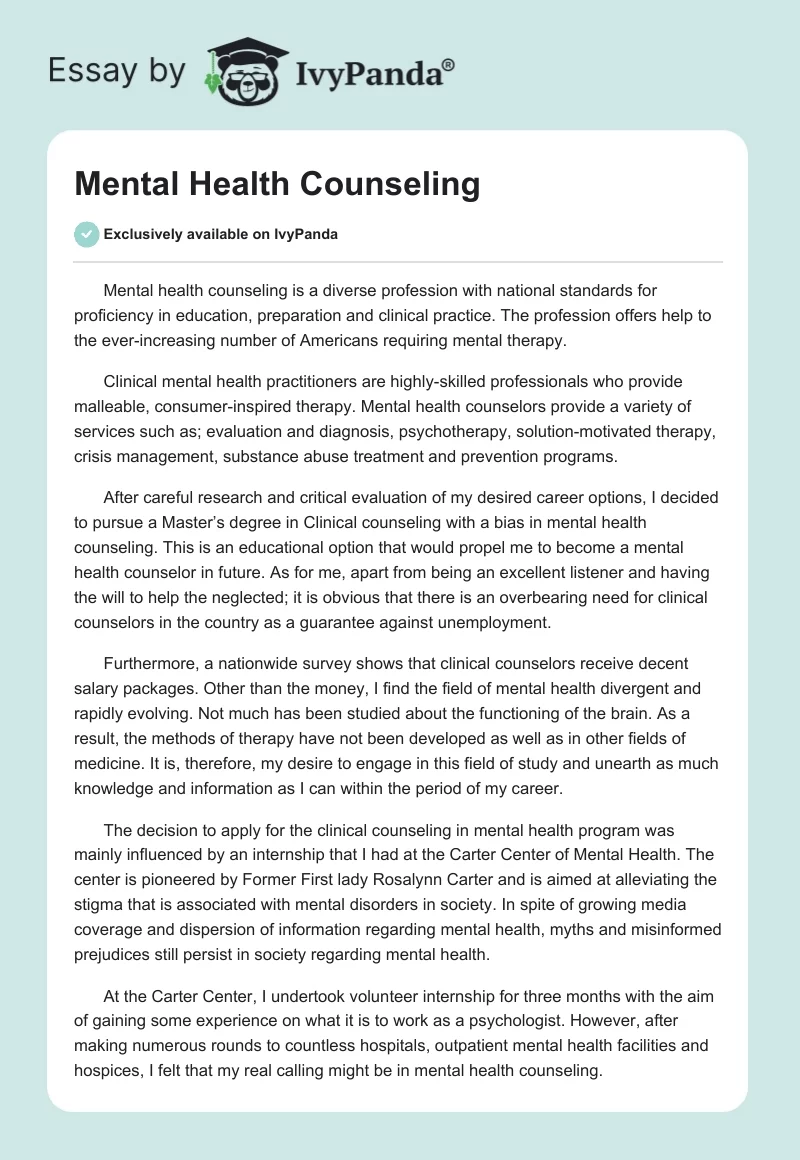 Mental Health Counseling Admission Essay. Page 1