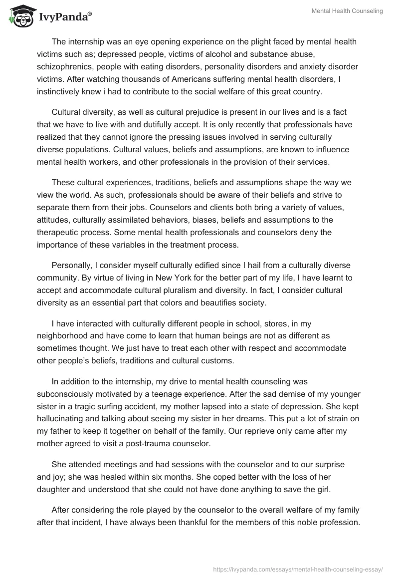 Mental Health Counseling Admission Essay. Page 2