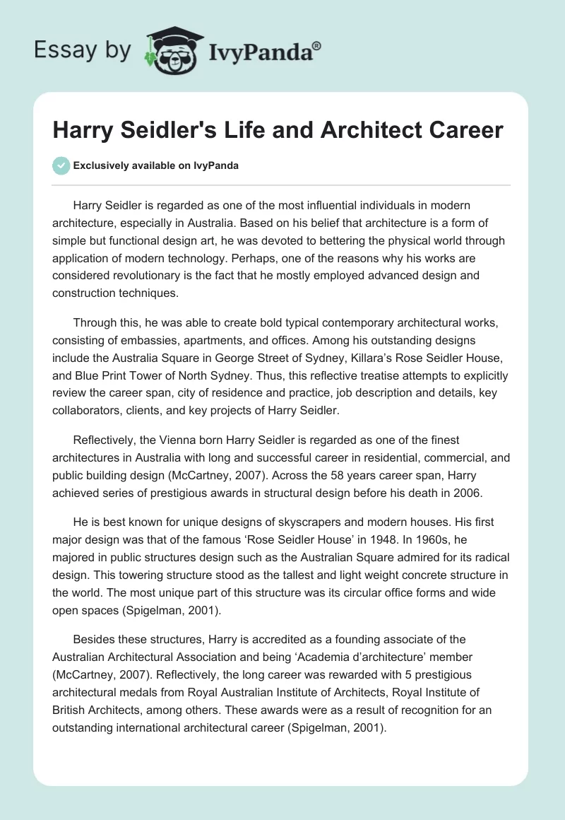 Harry Seidler's Life and Architect Career. Page 1