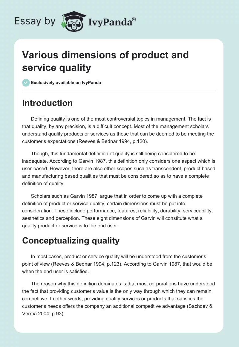 Various dimensions of product and service quality. Page 1