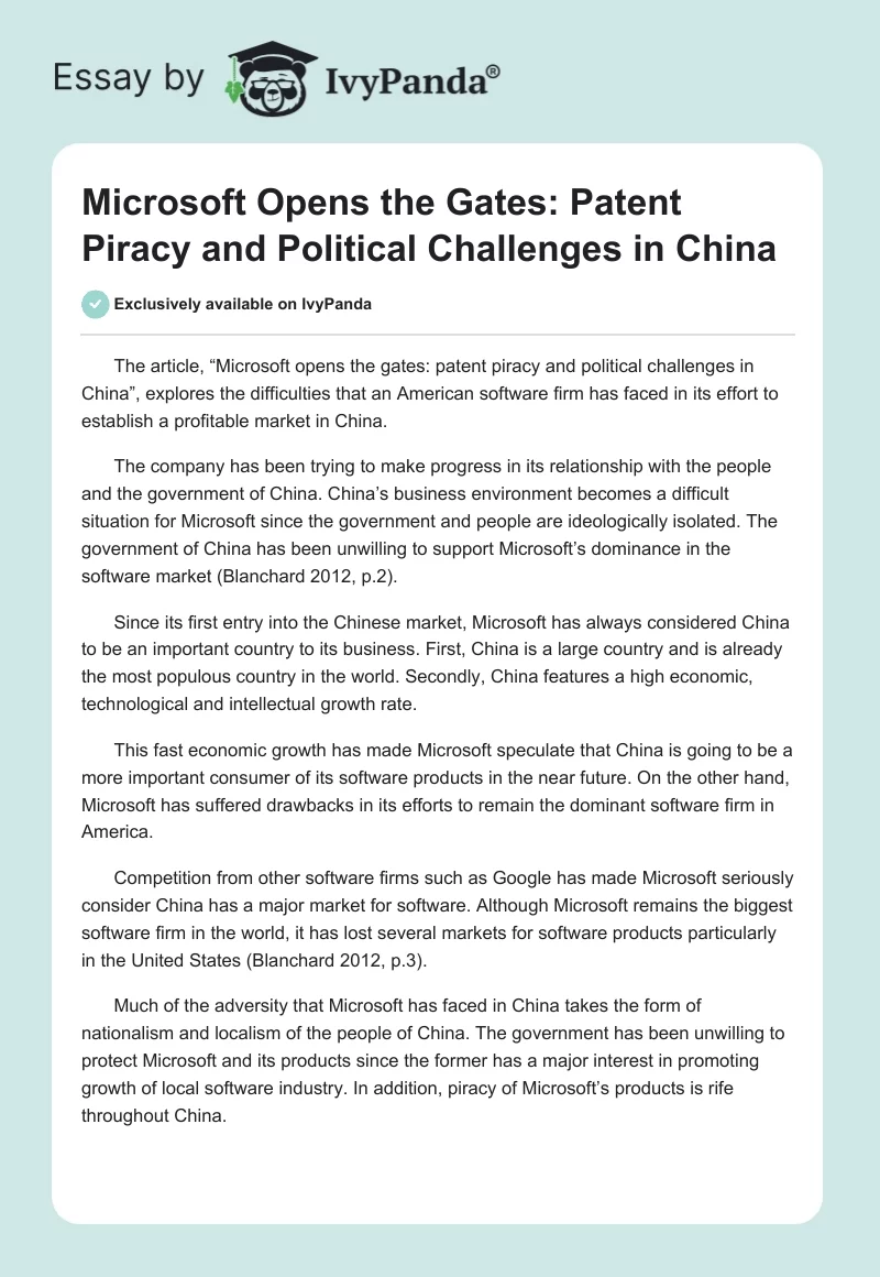 Microsoft Opens the Gates: Patent Piracy and Political Challenges in China. Page 1
