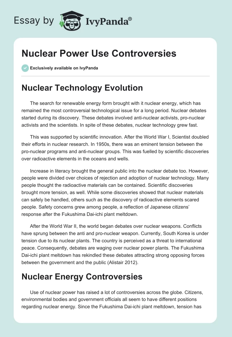 Nuclear Power Use Controversies. Page 1
