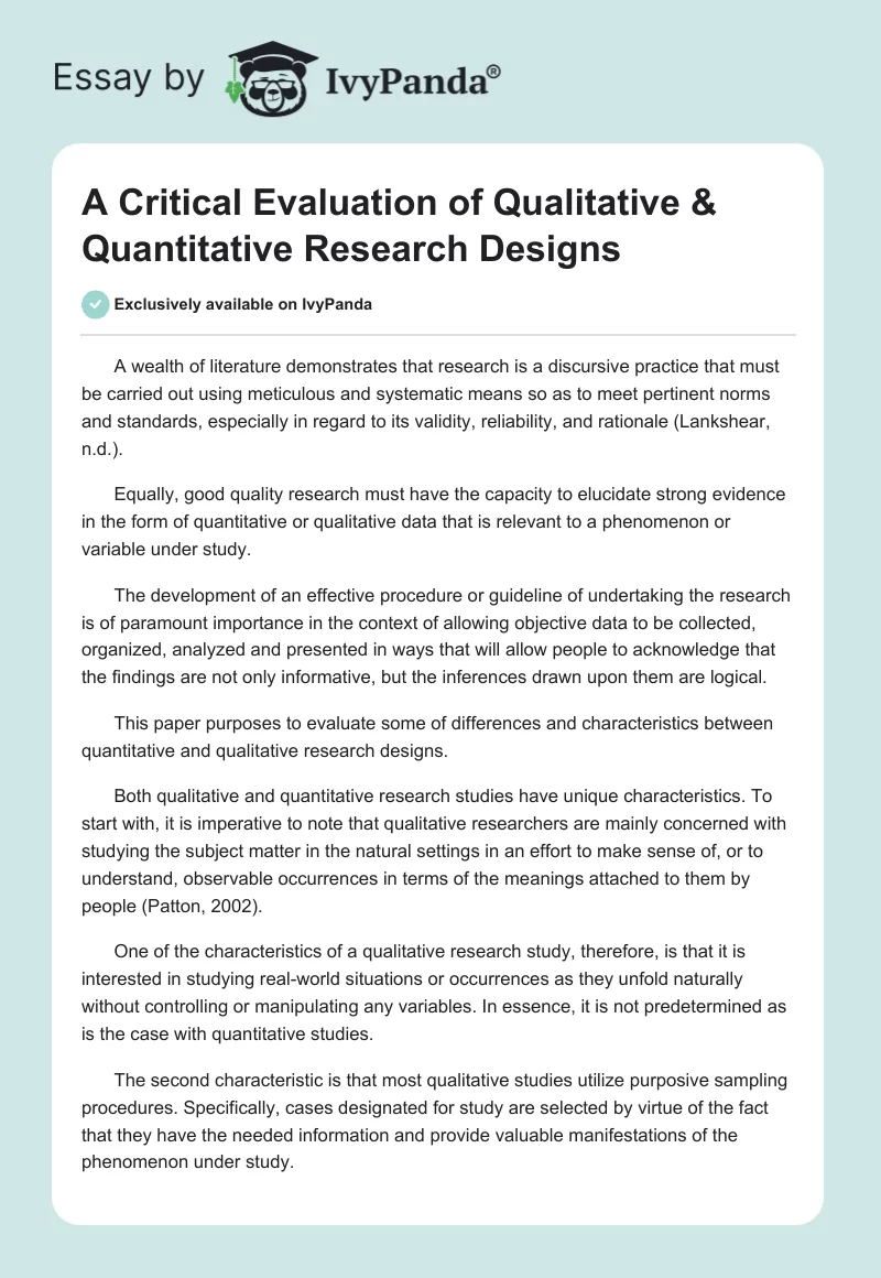 A Critical Evaluation of Qualitative & Quantitative Research Designs. Page 1