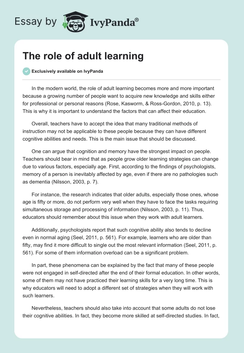 The role of adult learning. Page 1